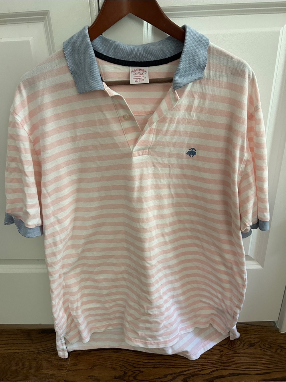 Brooks Brothers Pink & White Striped Polo with Light Blue Collar